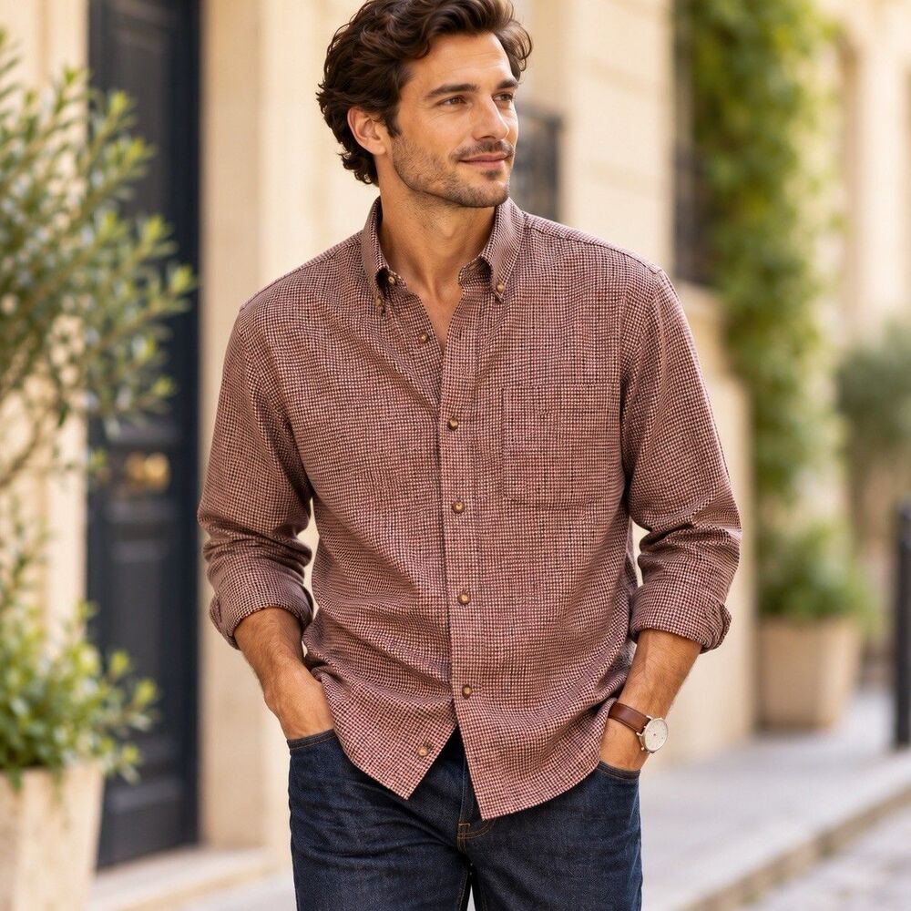 Arrow USA 1851 Mens M Houndstooth Button Down Shirt Burgundy Navy
